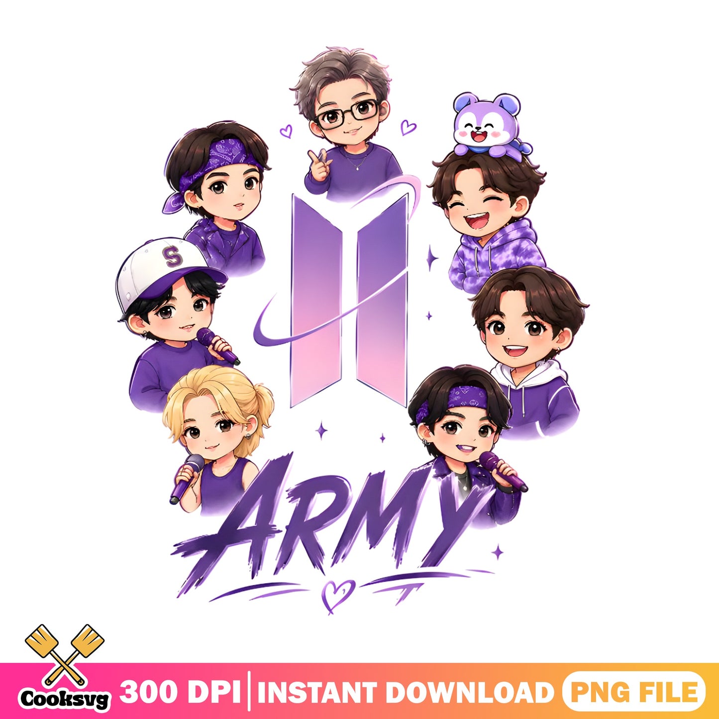 BTS Army Chibi Members PNG, Kpop Fan Gift PNG, BTS Logo PNG