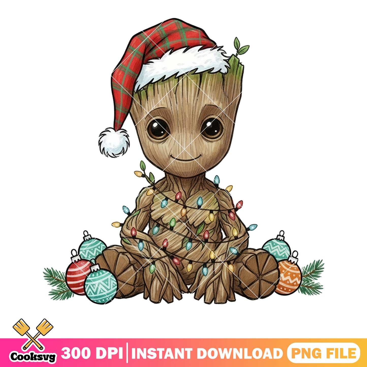 Baby Groot noel png, chibi santa hat lights png, groot xmas png