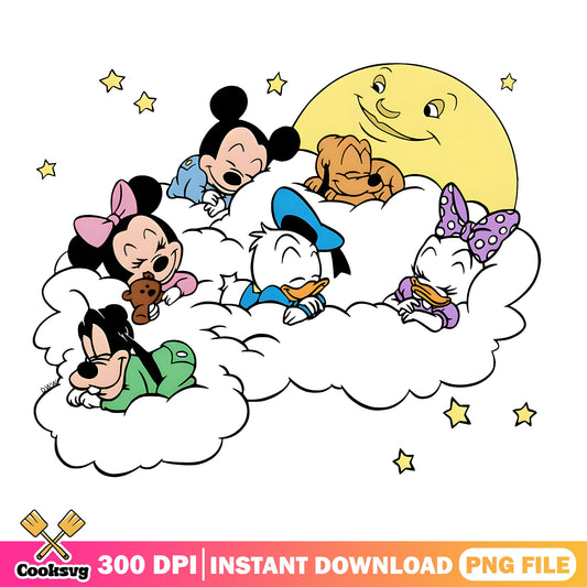 Baby Mickey And Friends Sleeping On Cloud, Disney PNG, Mickey Mouse PNG
