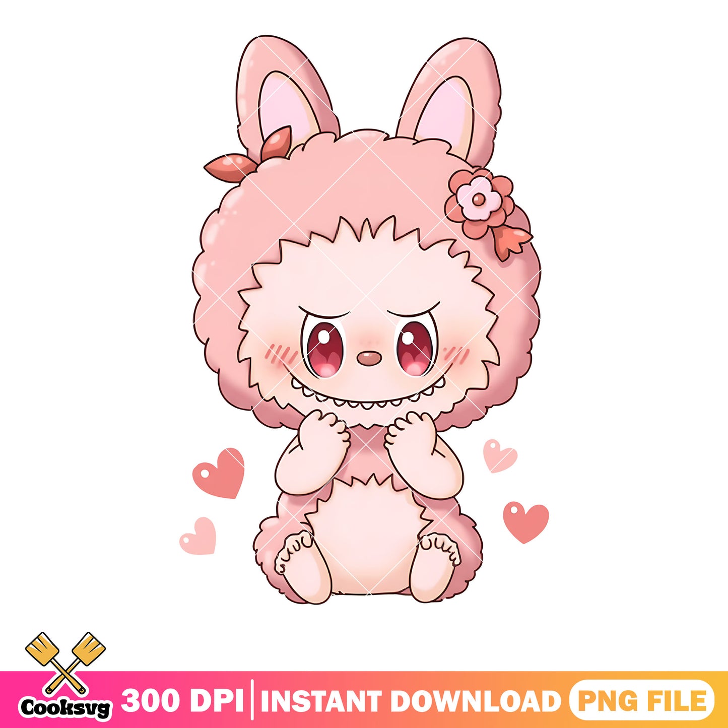 Baby pink doll fot kid png, heart icon png, cute labubu​ png