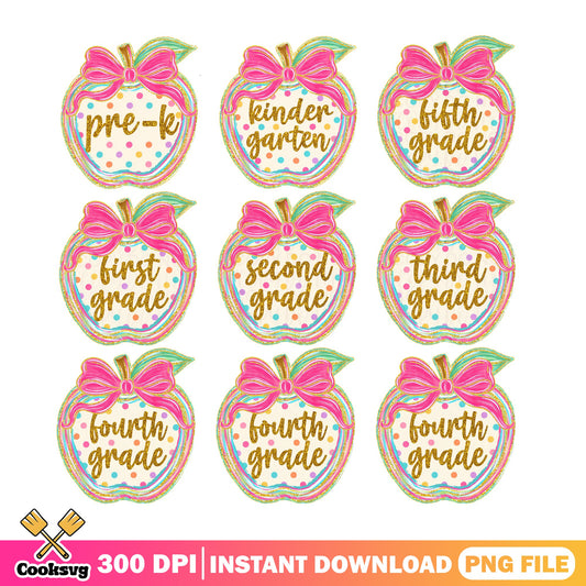 Back To School Apple PNG Bundle, Teacher Grade Clipart PNG, Coquette PNG
