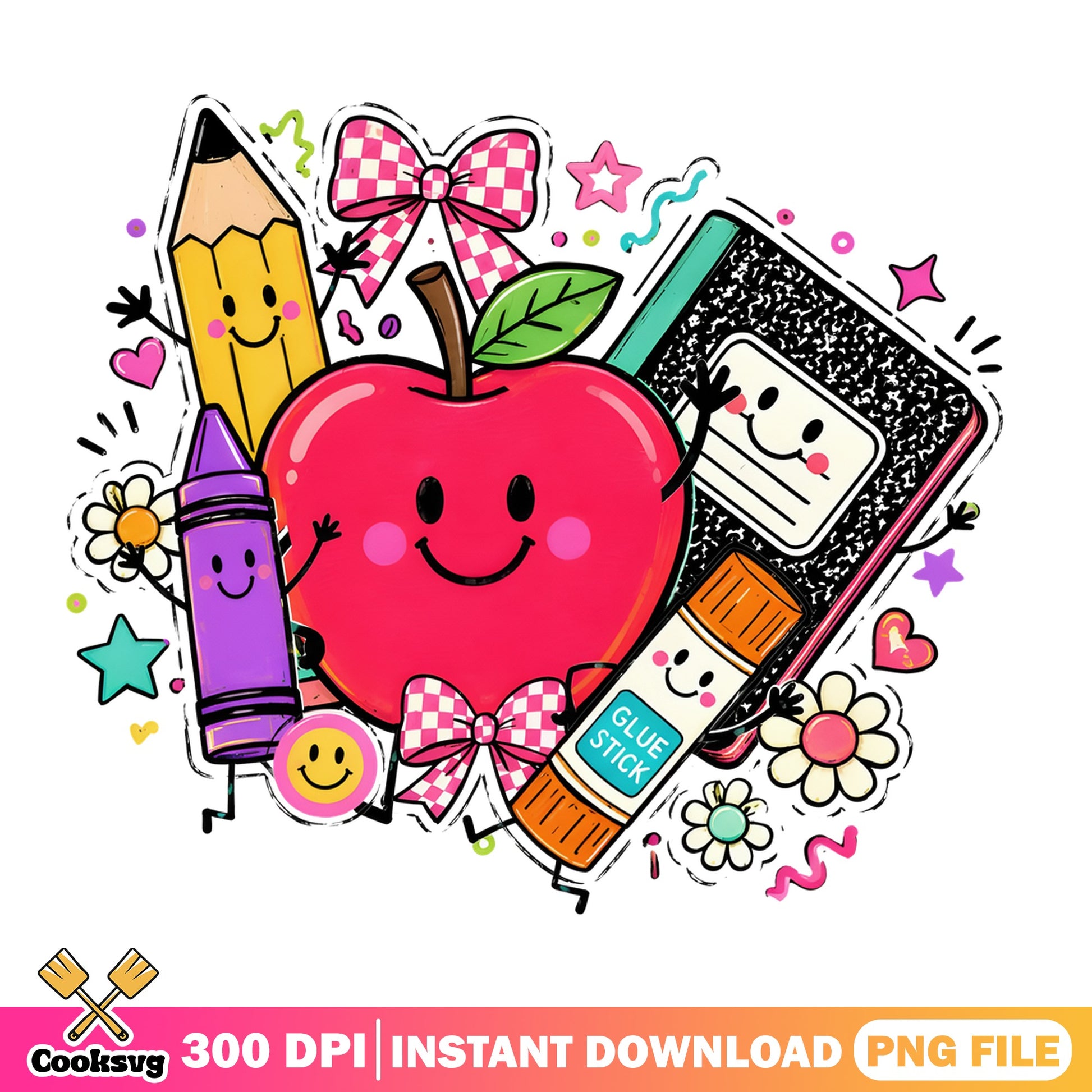 Back To School Cute Characters PNG, Teacher Apple PNG, School Supplies PNG
