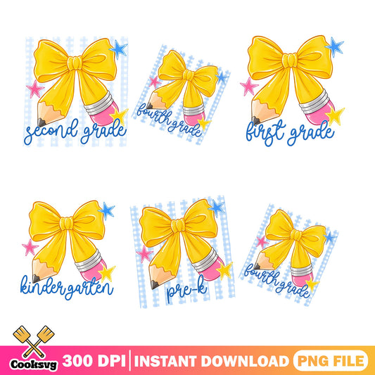 Back To School Pencil Bow PNG Bundle, Coquette School PNG, Grade PNG