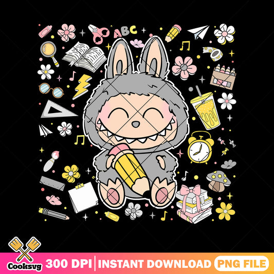 Back to school labubu png, grey labubu​ png, labubu plush ​png