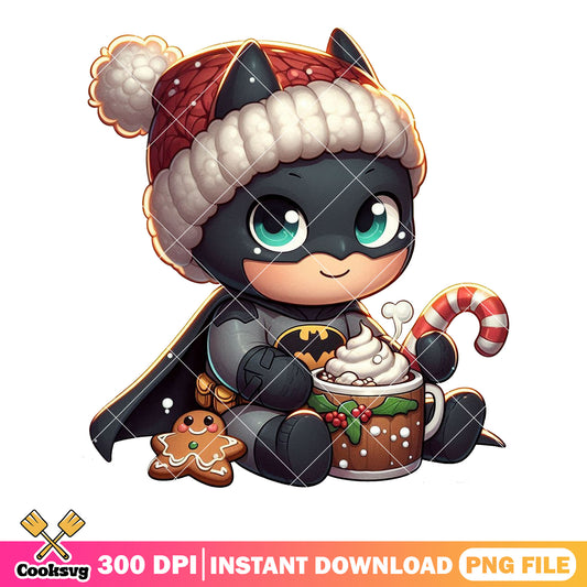 Batman chibi cute christmas png, santa hat eggnog png, gingerbread png