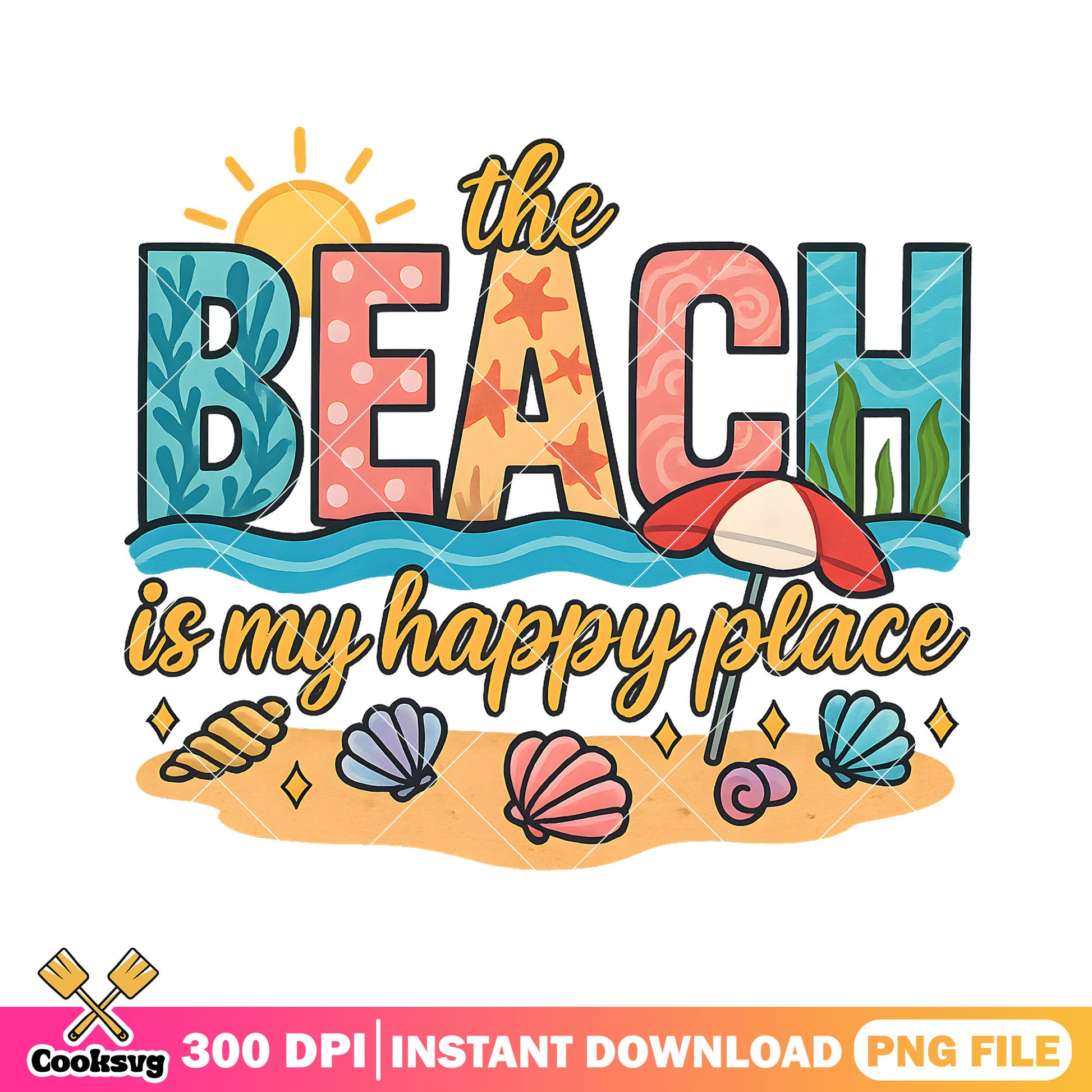 Beach is my happy place png, summer beach png, happy bay beach​ png