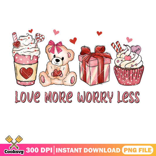 Bear love more worry less png, valentine quotes png, pink valentine png