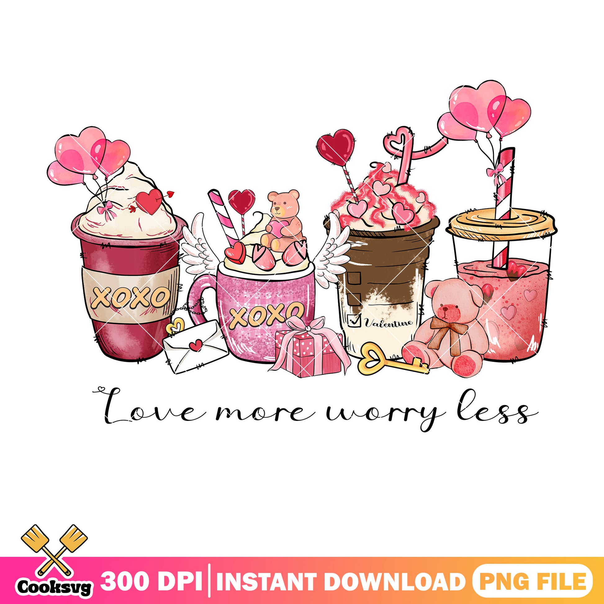 Bear love more worry less valentine png, coffee valentine png