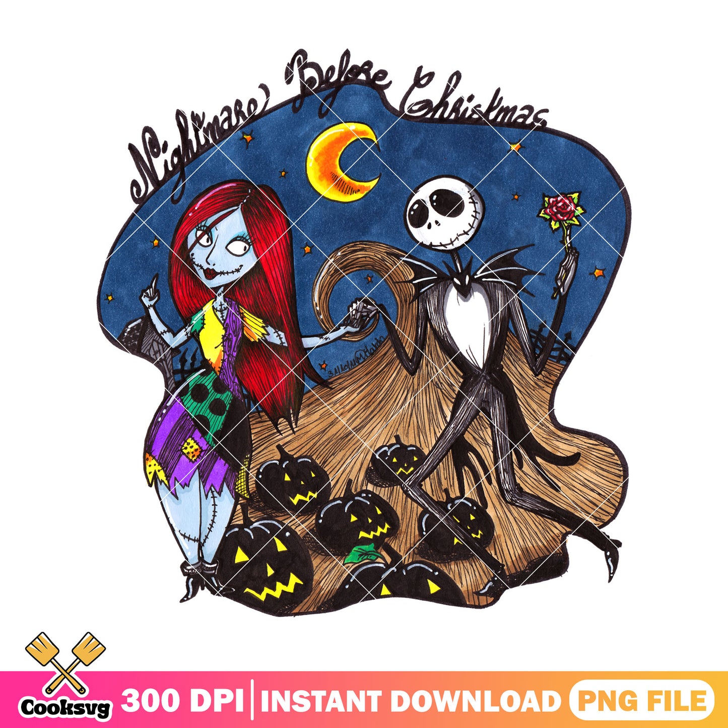 Beautiful night with jack png, sally art png, horror halloween png