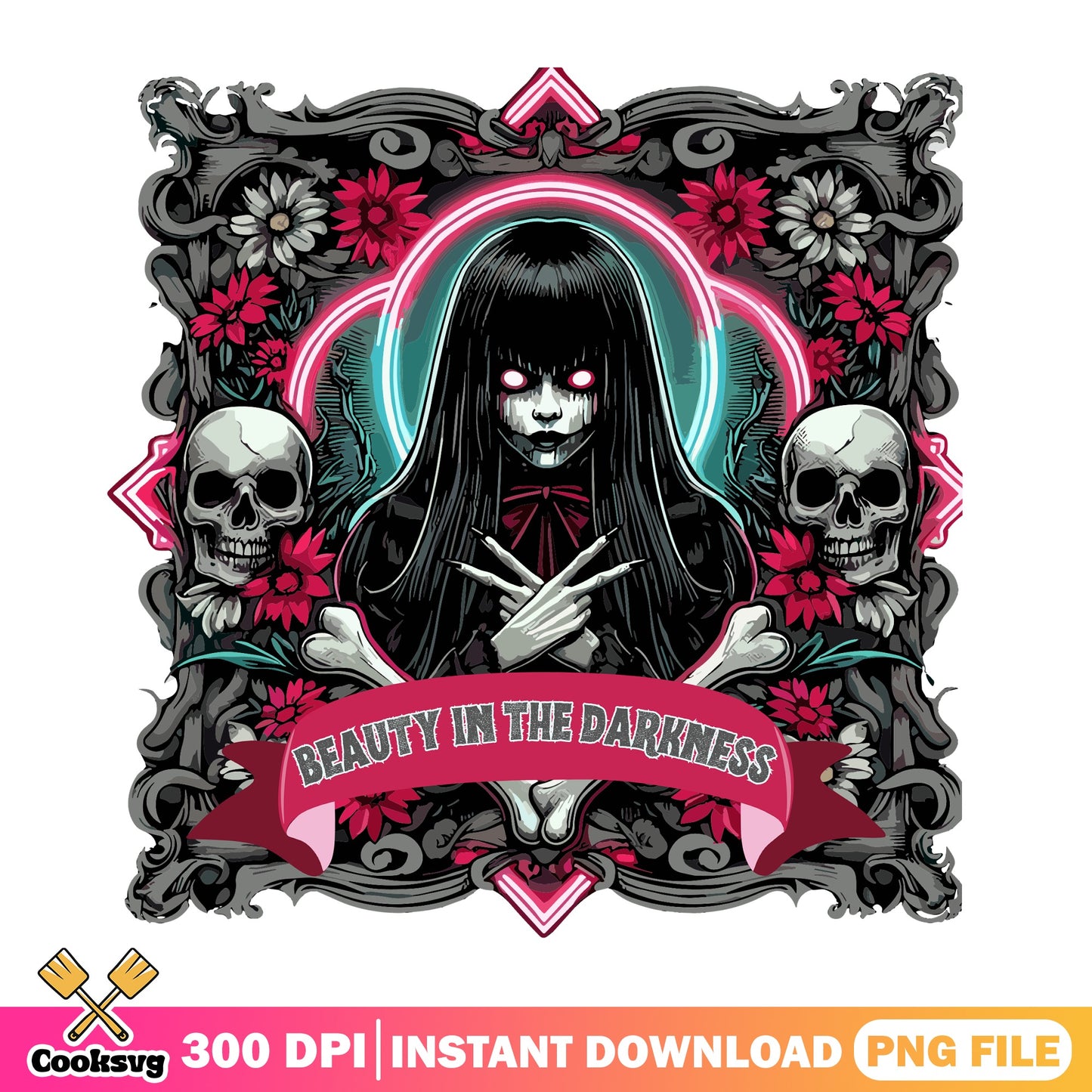 Beauty In The Darkness Gothic Girl PNG, Halloween Horror PNG, Skull Floral PNG
