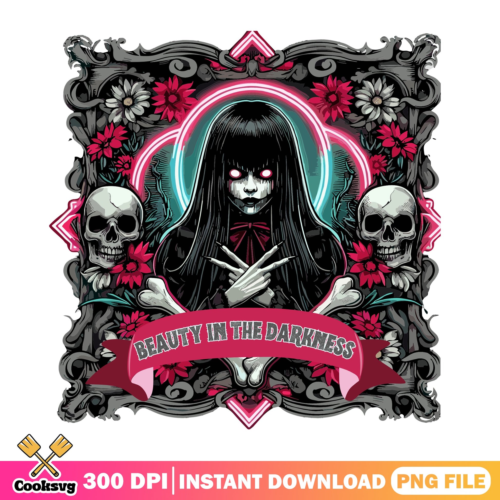 Beauty In The Darkness Gothic Girl PNG, Halloween Horror PNG, Skull Floral PNG