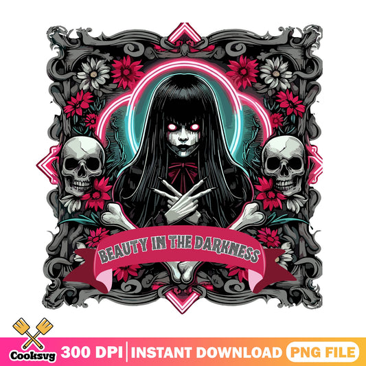 Beauty In The Darkness Gothic Girl PNG, Halloween Horror PNG, Skull Floral PNG
