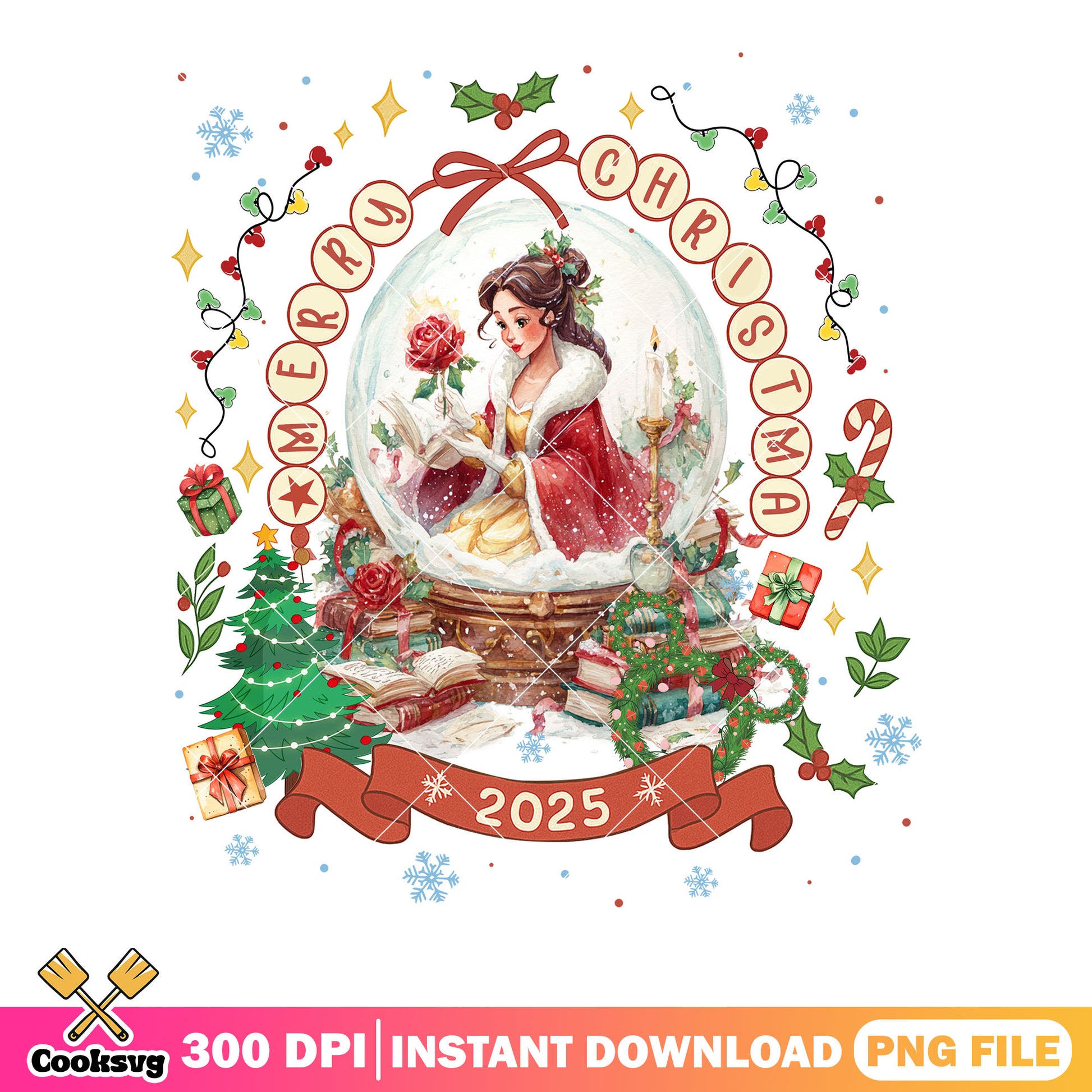 Belle beauty and the beast png, globe book rose png, christmas png