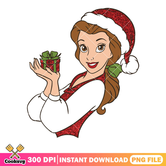 Belle santa hat red png, glitter gift box png, disney belle png