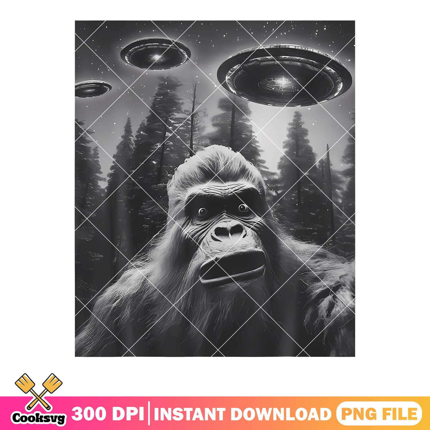 Big foot with ufo png, spooky forest png, funny memes ​png
