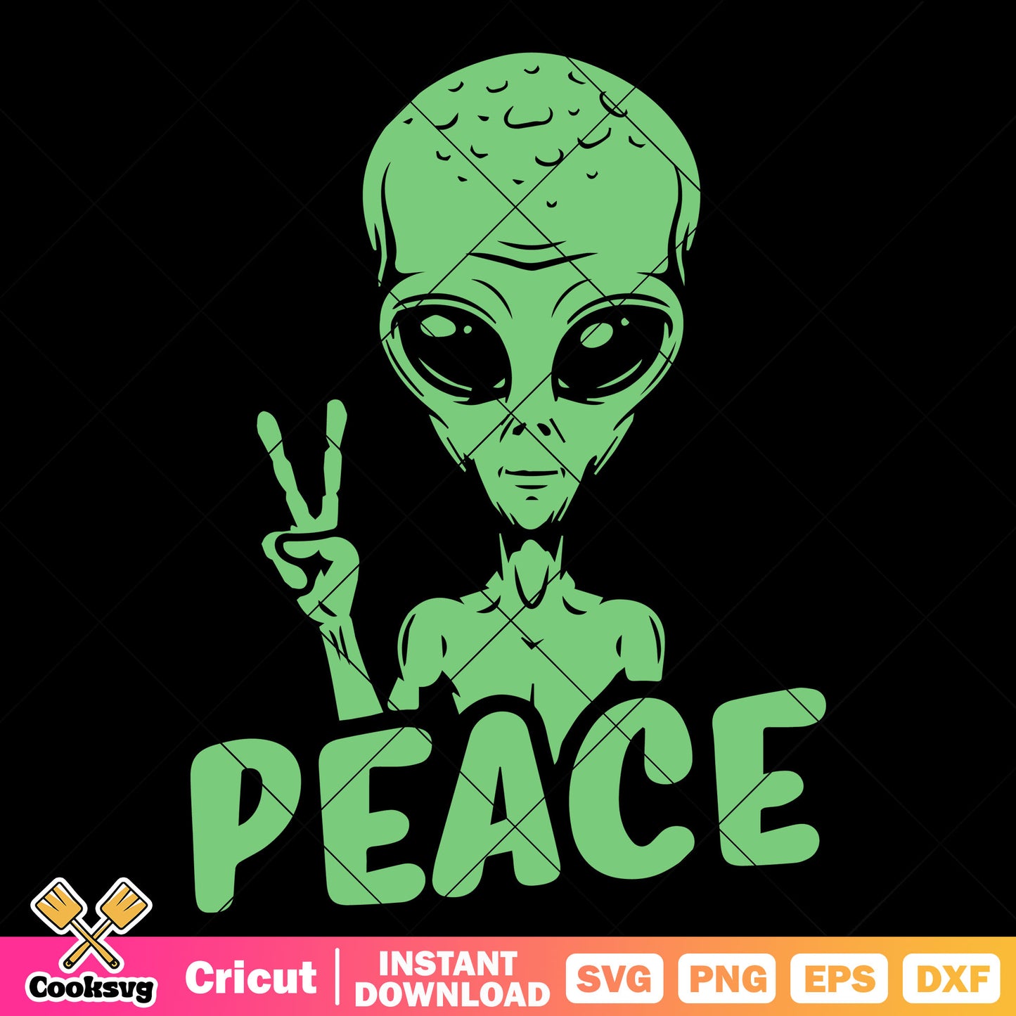 Big head green alien svg, peace sign​ svg, hi hand icon svg