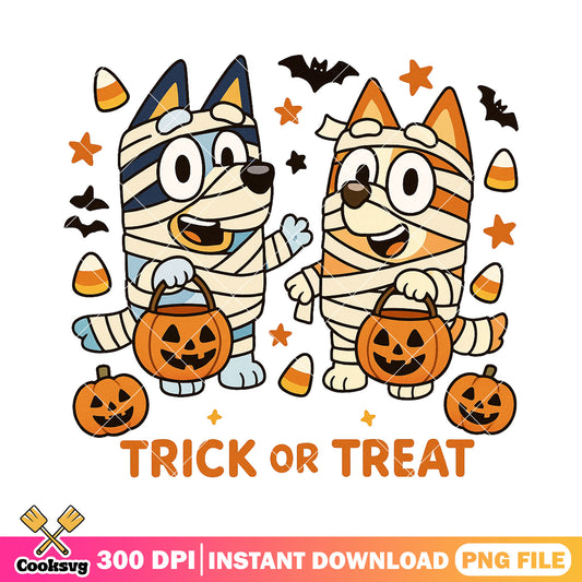 Bingo and bluey trick or treat png, couple halloween costumes png