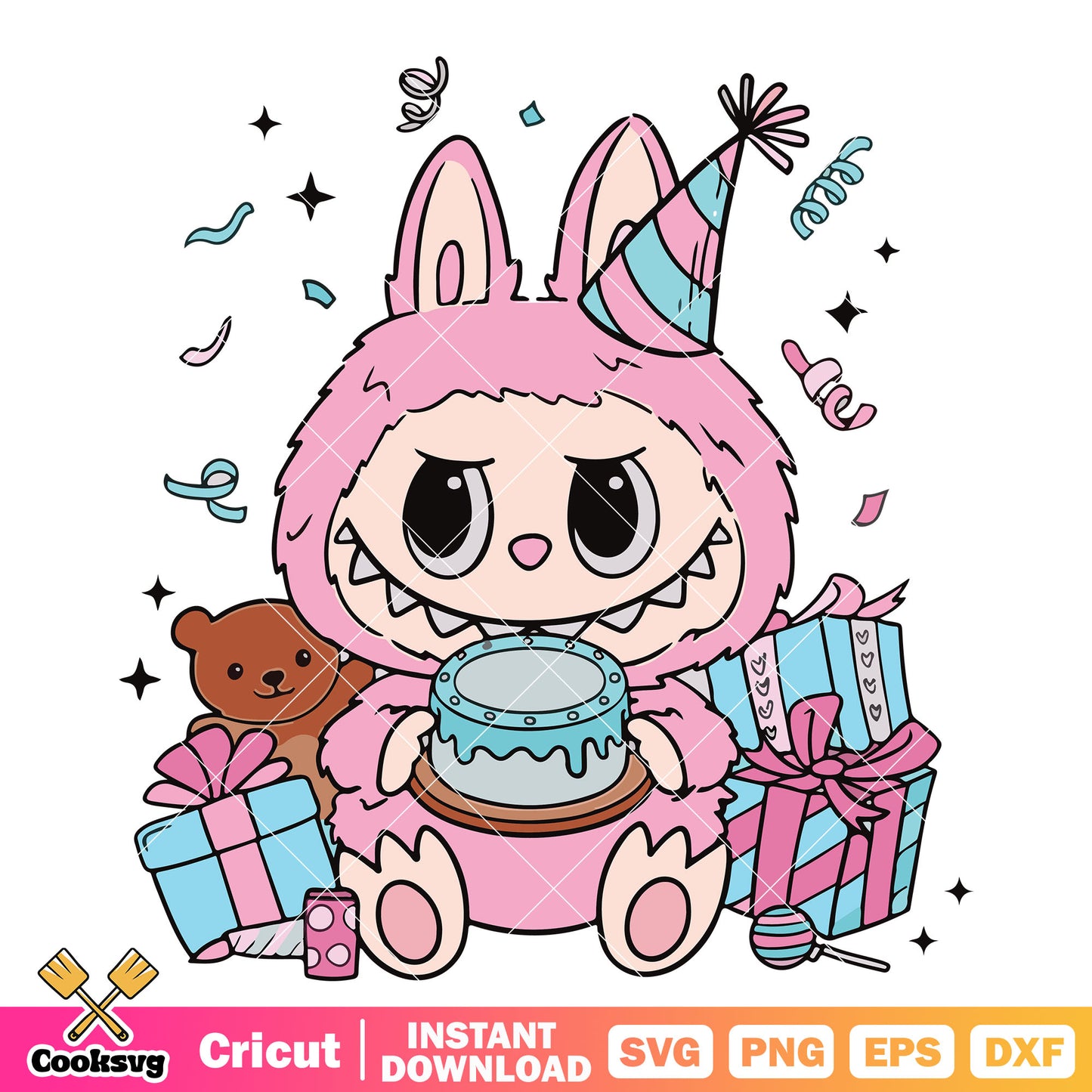 Birthday pink labubu svg, labubu birthday cake svg, labubu pink svg