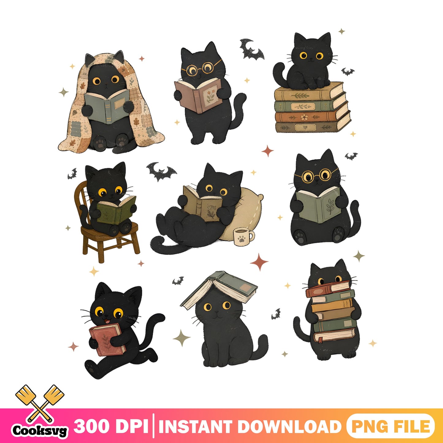 Black Cat Reading Books Bundle PNG, Bookish Cat PNG, Halloween PNG
