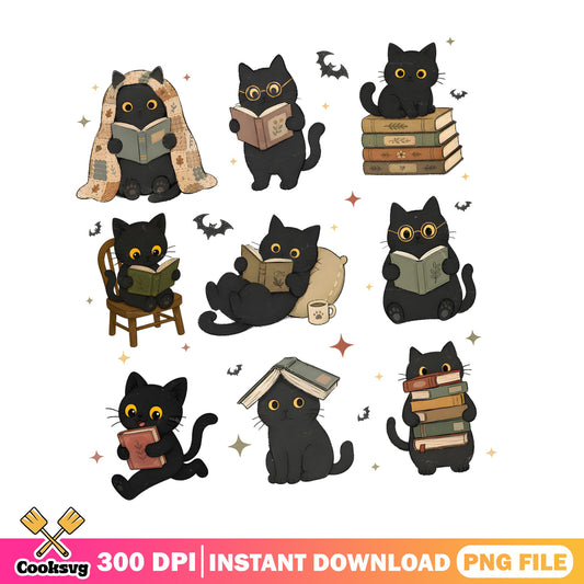 Black Cat Reading Books Bundle PNG, Bookish Cat PNG, Halloween PNG