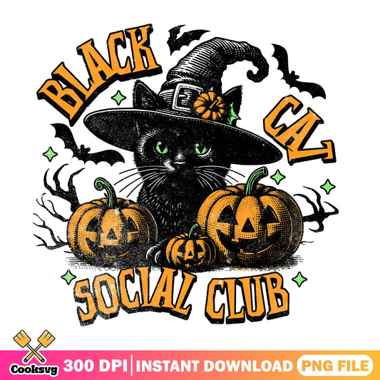 Black Cat Social Club PNG, Halloween Black Cat PNG, Witch Cat PNG