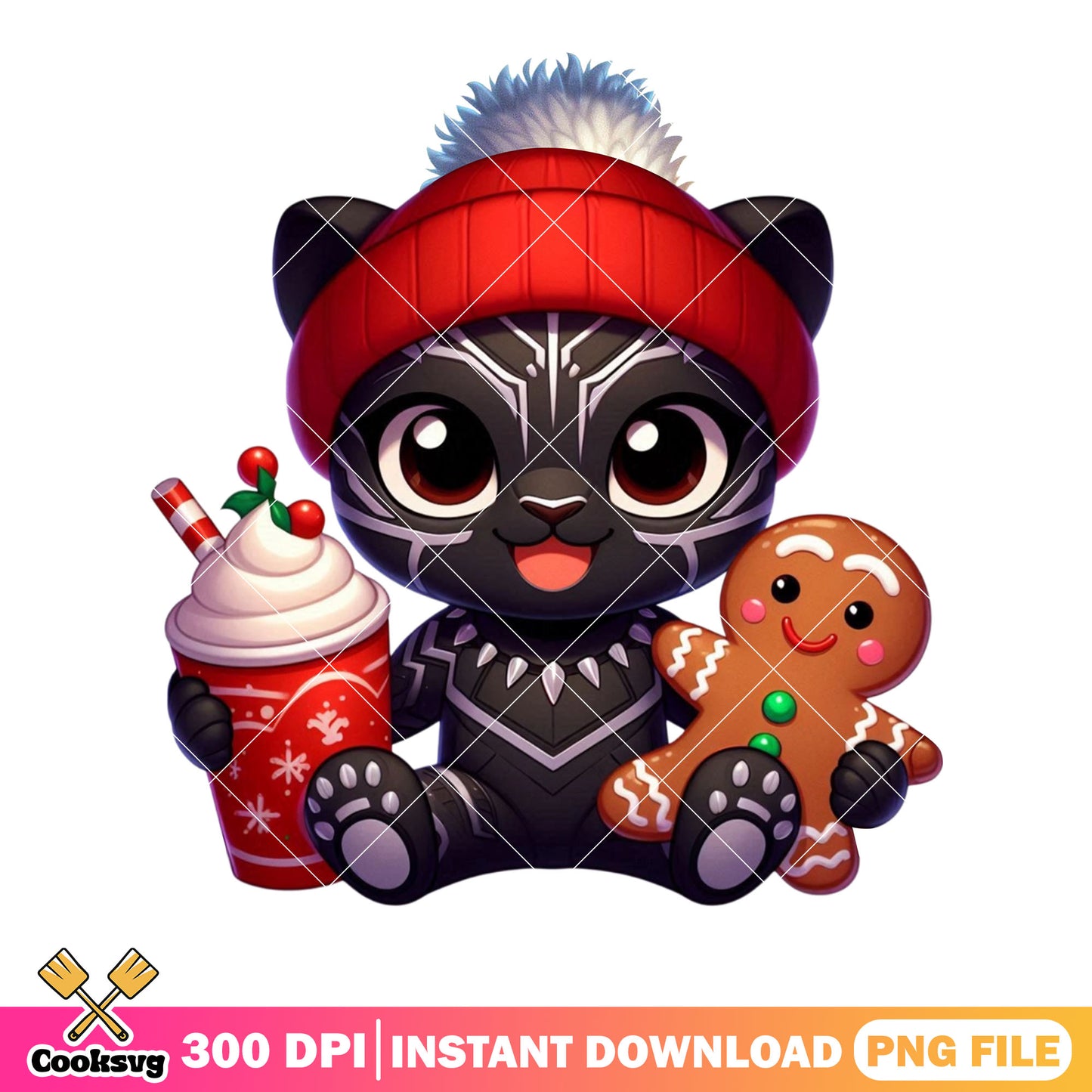 Black panther christmas​ png, gingerbread man png, hot chocolate png