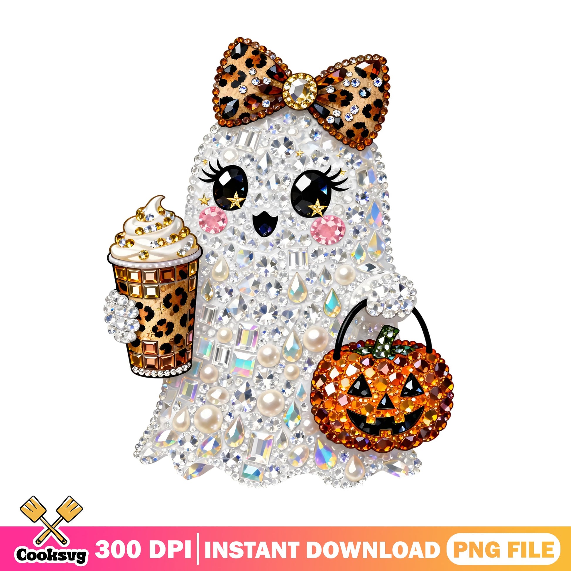 Blinged Out Halloween Ghost PNG, Cute Ghost Leopard Bow PNG, Halloween PNG