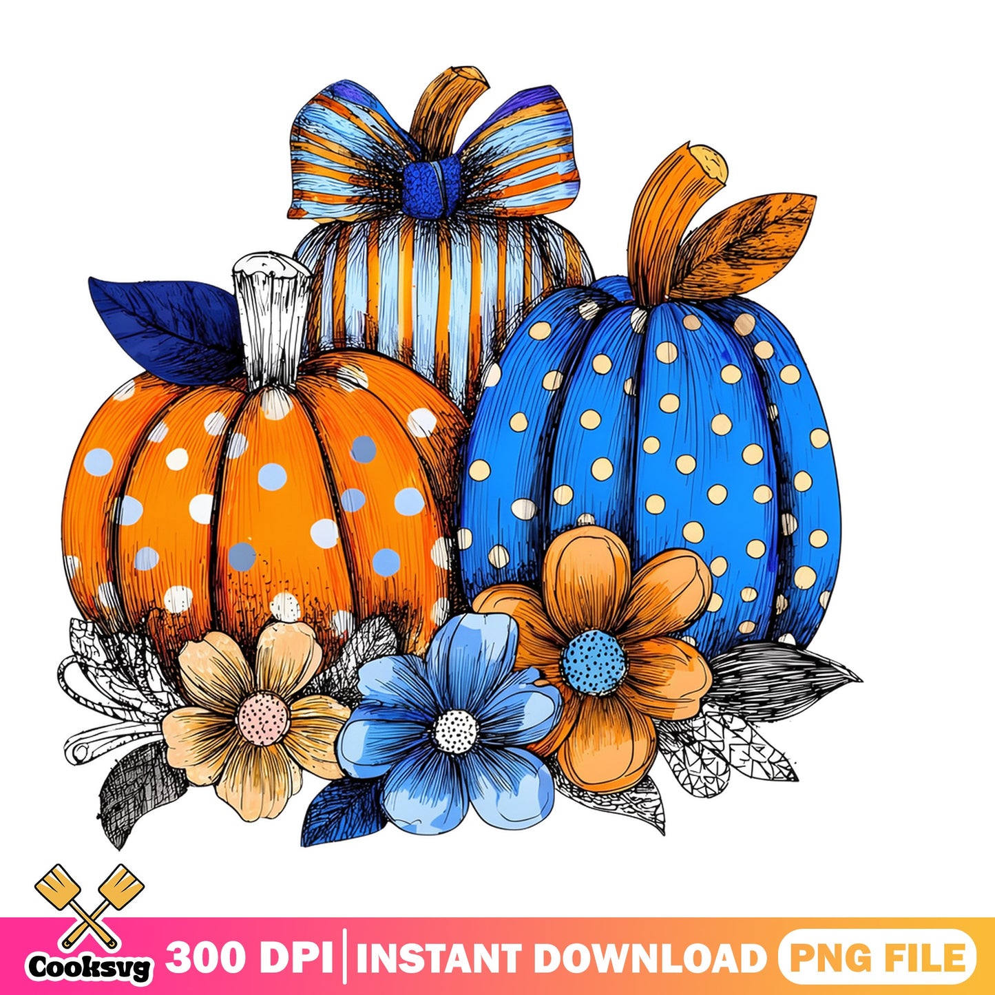 Blue Orange Pumpkin Floral Fall PNG, Halloween PNG, Autumn PNG
