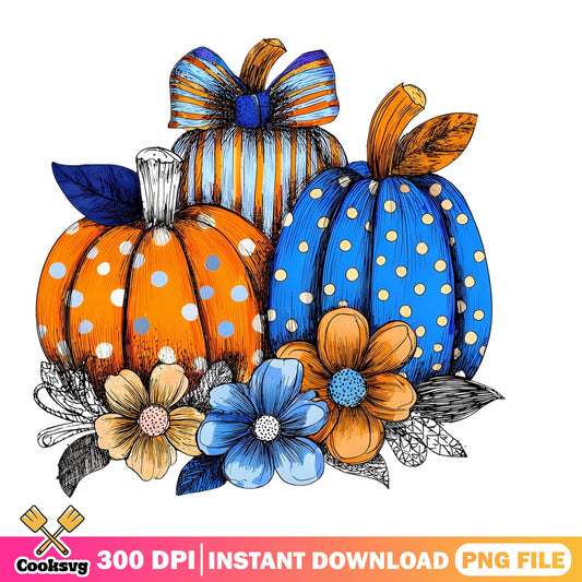 Blue Orange Pumpkin Floral Fall PNG, Halloween PNG, Autumn PNG