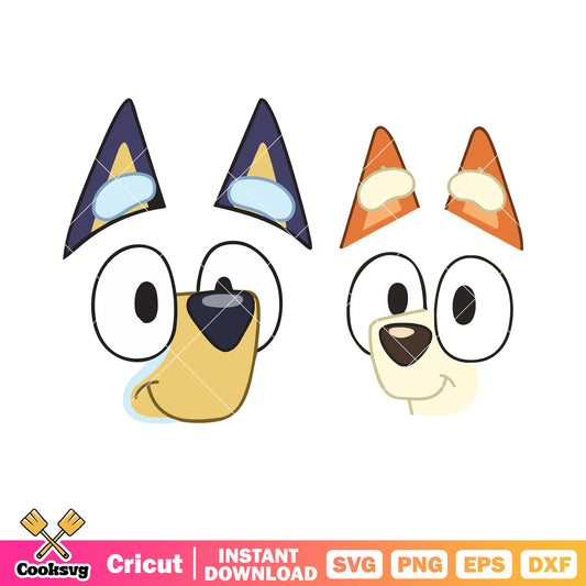 Bluey and bingo face svg, bluey cartoon characters​​ svg, cartoon for kids svg