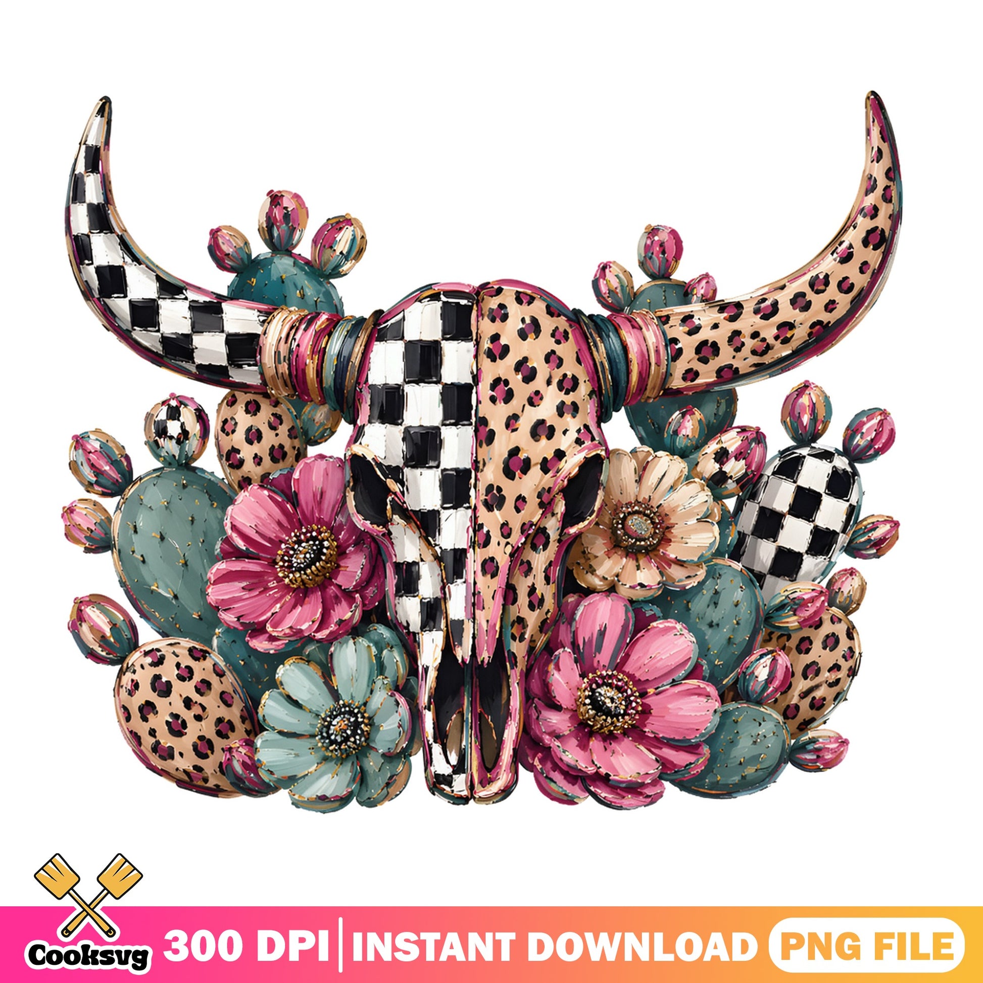 Boho Bull Skull Leopard Cactus Floral PNG, Western PNG, Cowgirl PNG