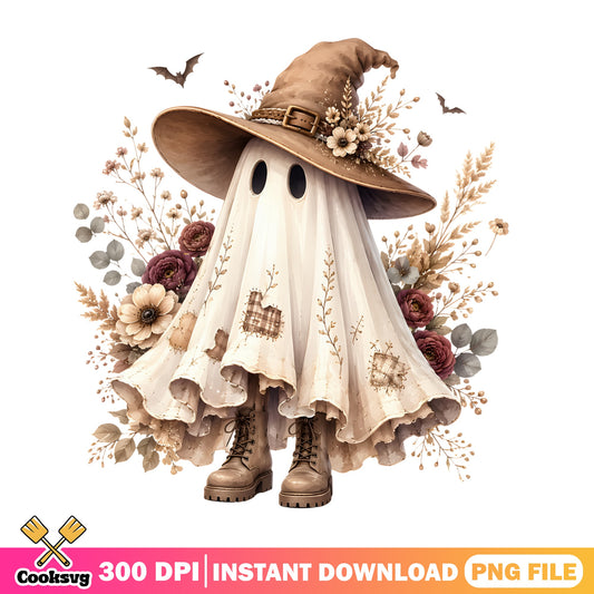Boho Floral Ghost Witch Halloween PNG, Cute Ghost PNG, Halloween PNG