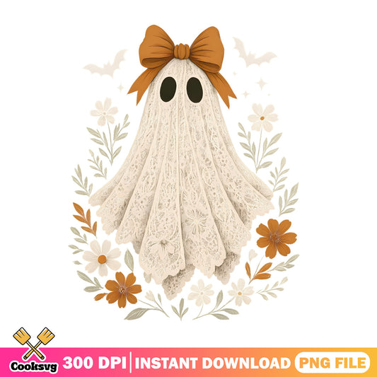 Boho Floral Ghost With Bow Halloween PNG, Cute Ghost PNG, Halloween PNG