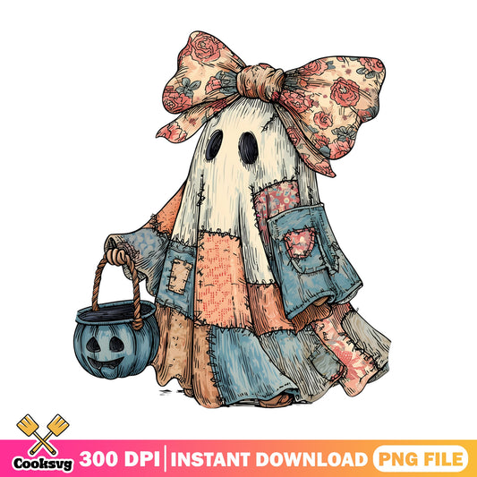 Boho Ghost Halloween PNG, Cute Ghost Floral Bow PNG, Halloween PNG