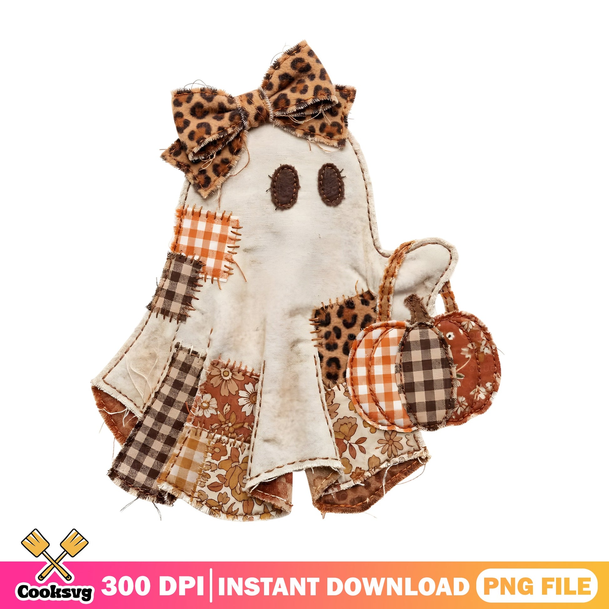 Boho Ghost Halloween PNG, Leopard Bow Pumpkin Ghost PNG, Fall PNG