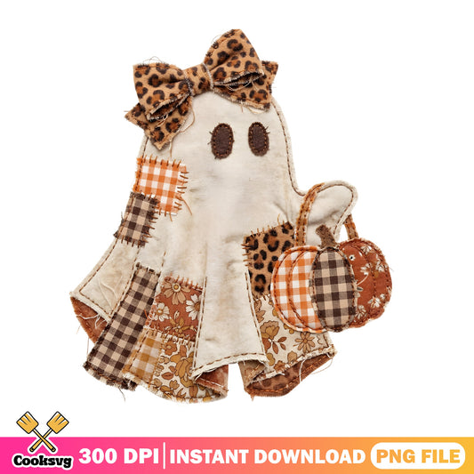 Boho Ghost Pumpkin Halloween PNG, Leopard Bow Ghost PNG, Fall PNG