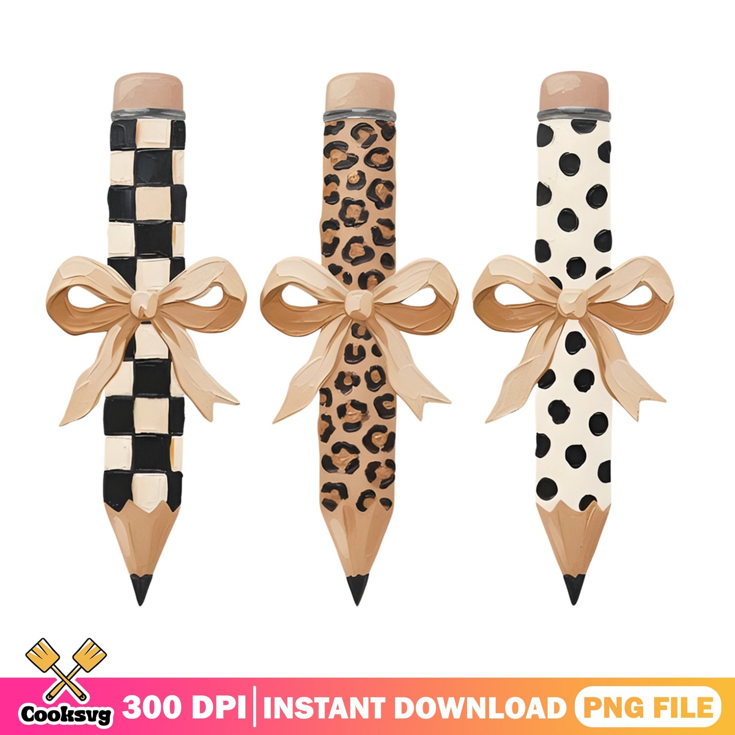 Boho Pencil With Bow PNG Bundle, Leopard Checkered Pencil PNG, Teacher PNG