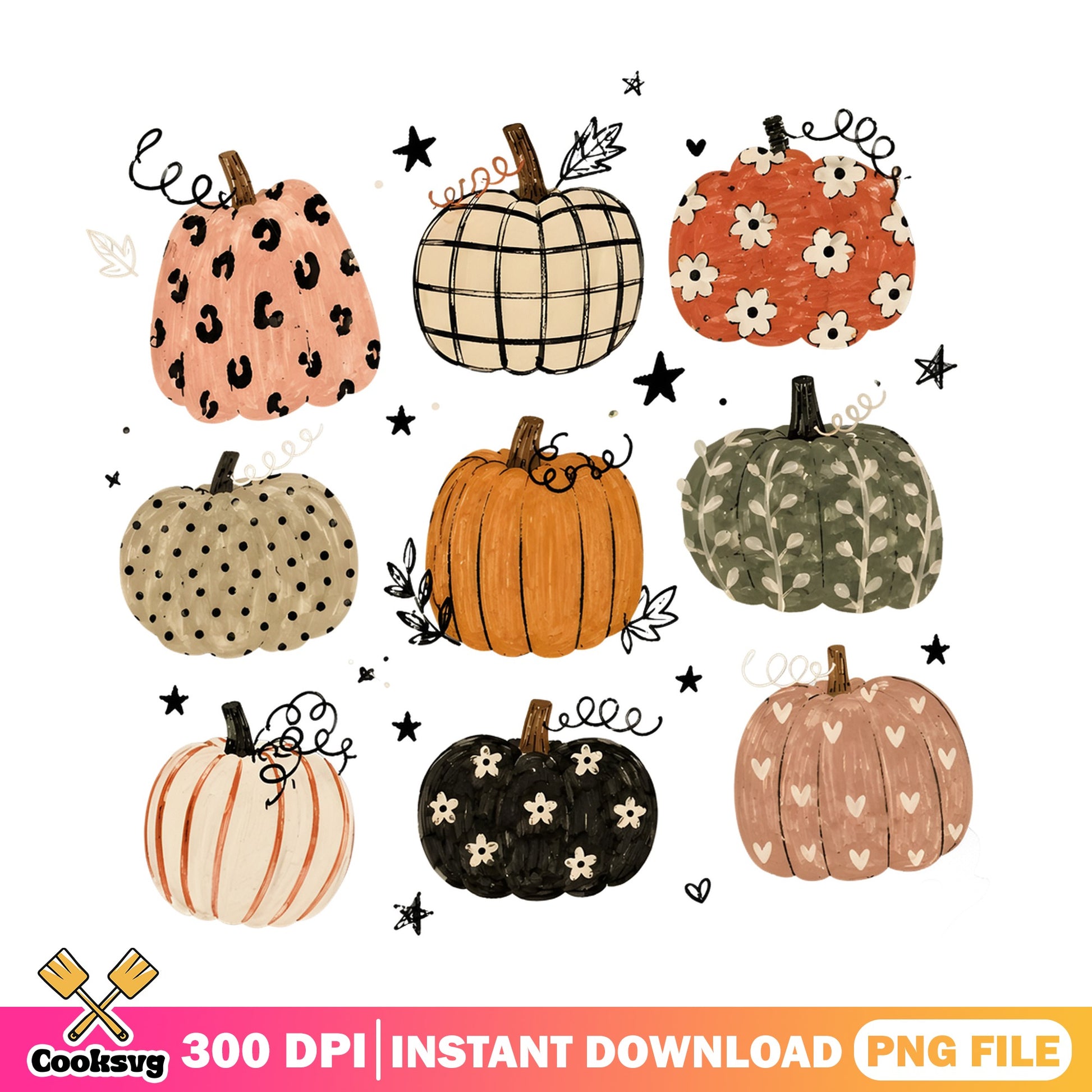 Boho Pumpkin Bundle PNG, Fall Halloween Clipart, Autumn PNG