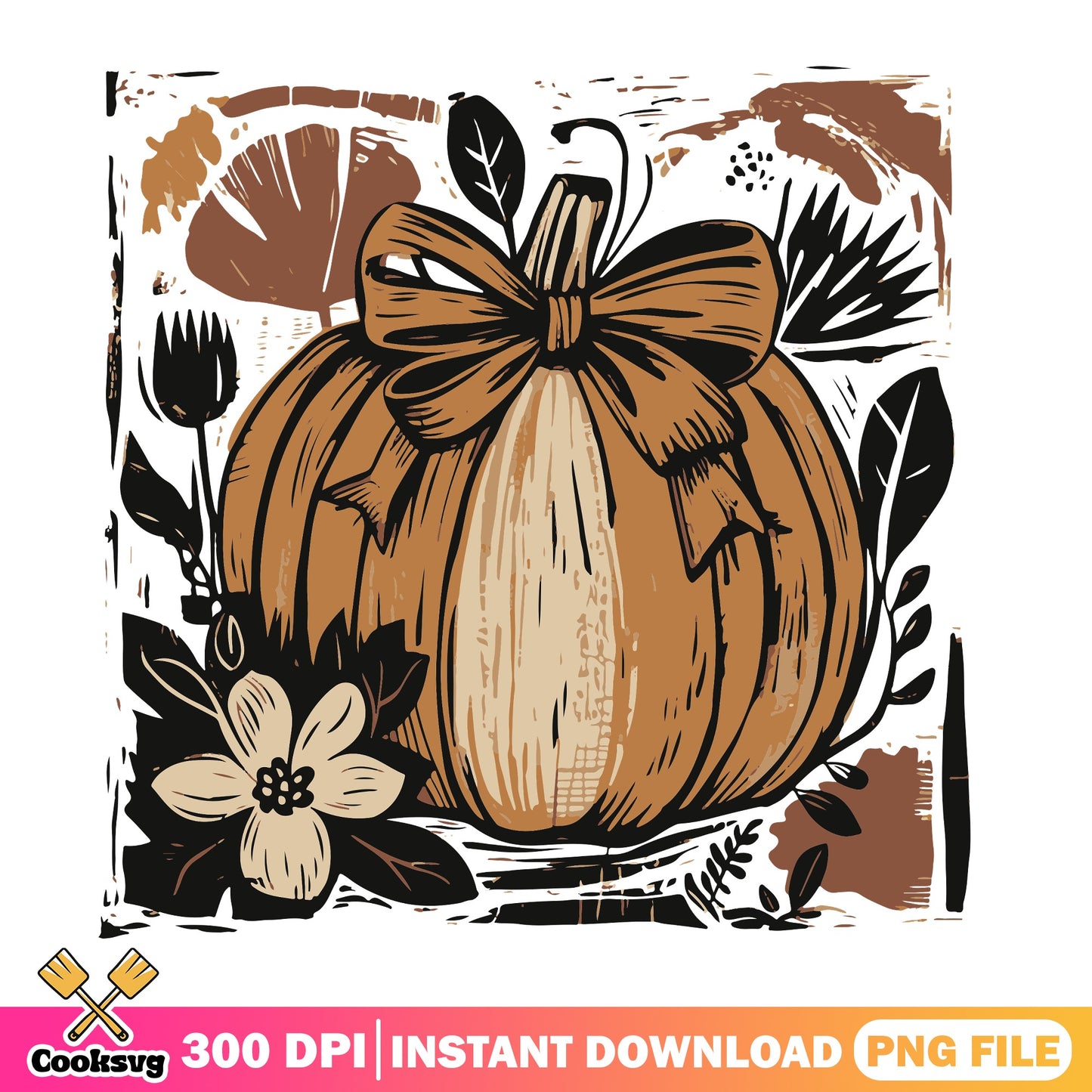 Boho Pumpkin With Bow PNG, Fall Floral Pumpkin PNG, Thanksgiving PNG