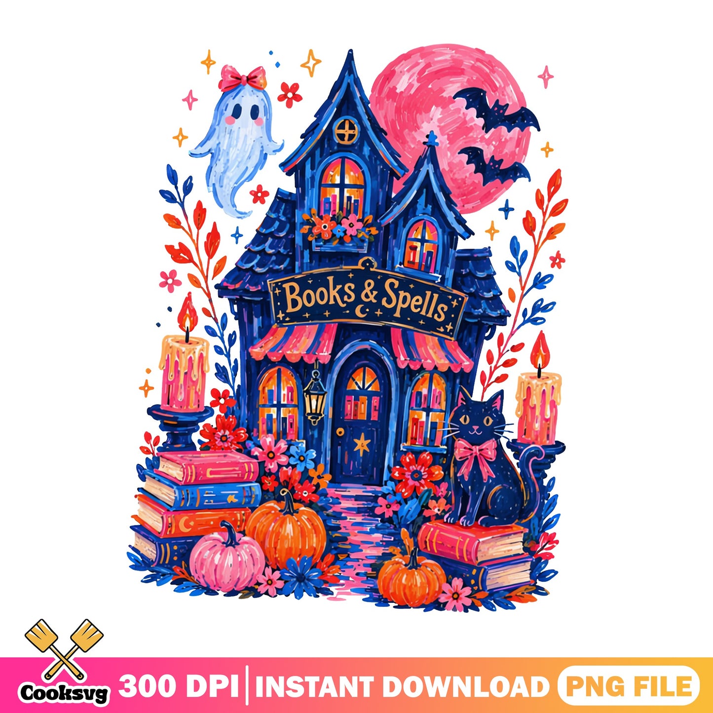 Books And Spells Haunted House PNG, Halloween PNG, Witch PNG