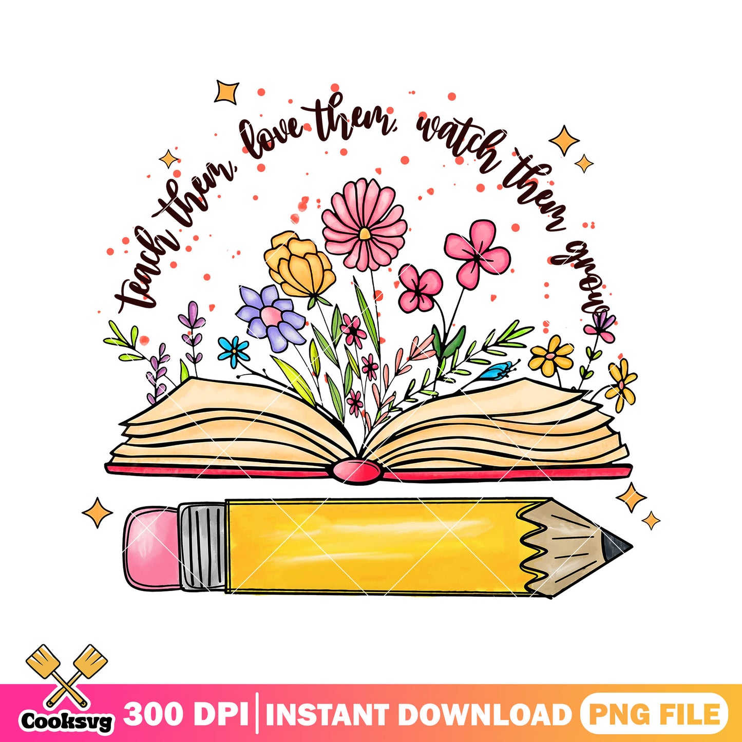 Books and flowers png, big pencil png, back to school art png