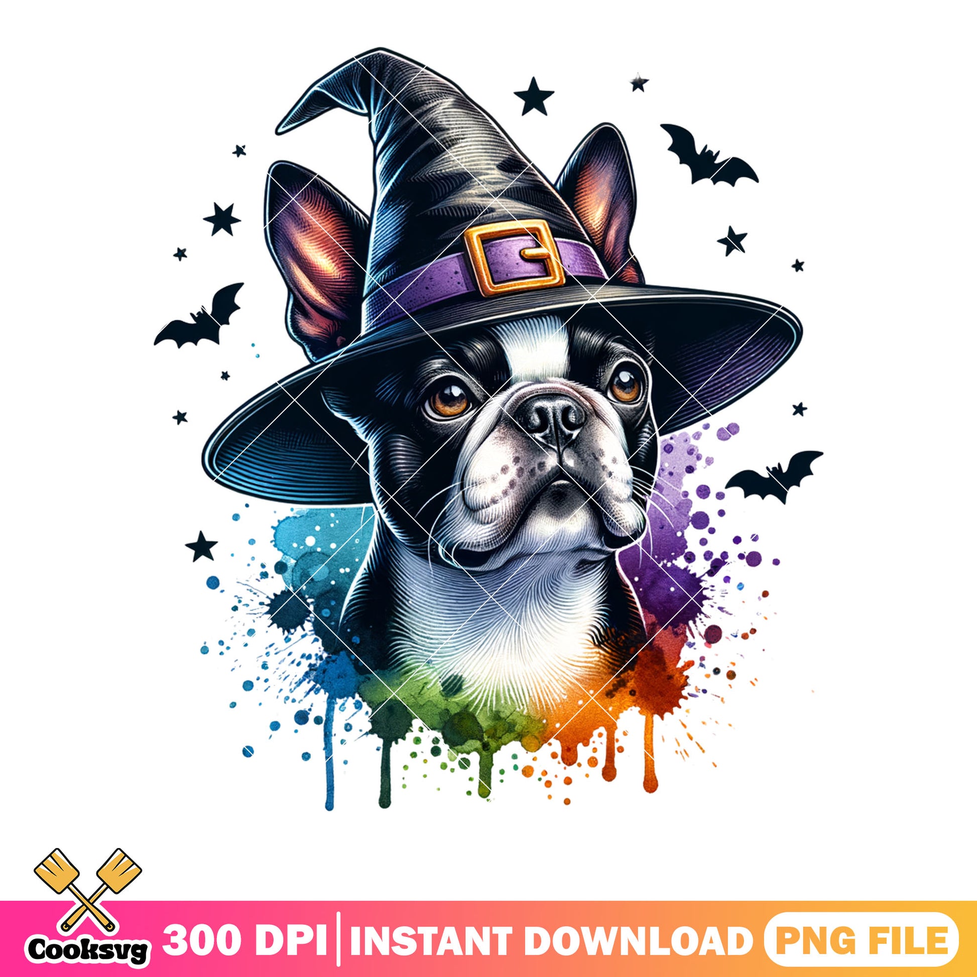 Boston terrier and bats png, witch hatpng, halloween scary png