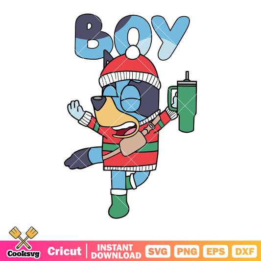 Boy bluey svg, green thermos cup​ svg, santa claus hat svg