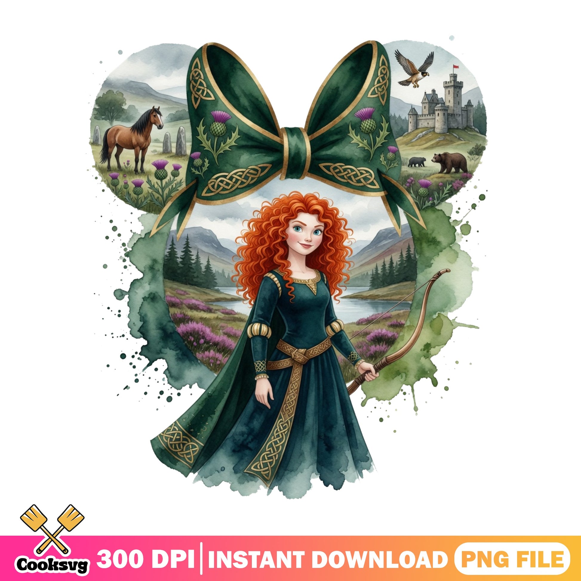 Brave Merida Disney Princess Watercolor, Minnie Ears PNG, Disney PNG