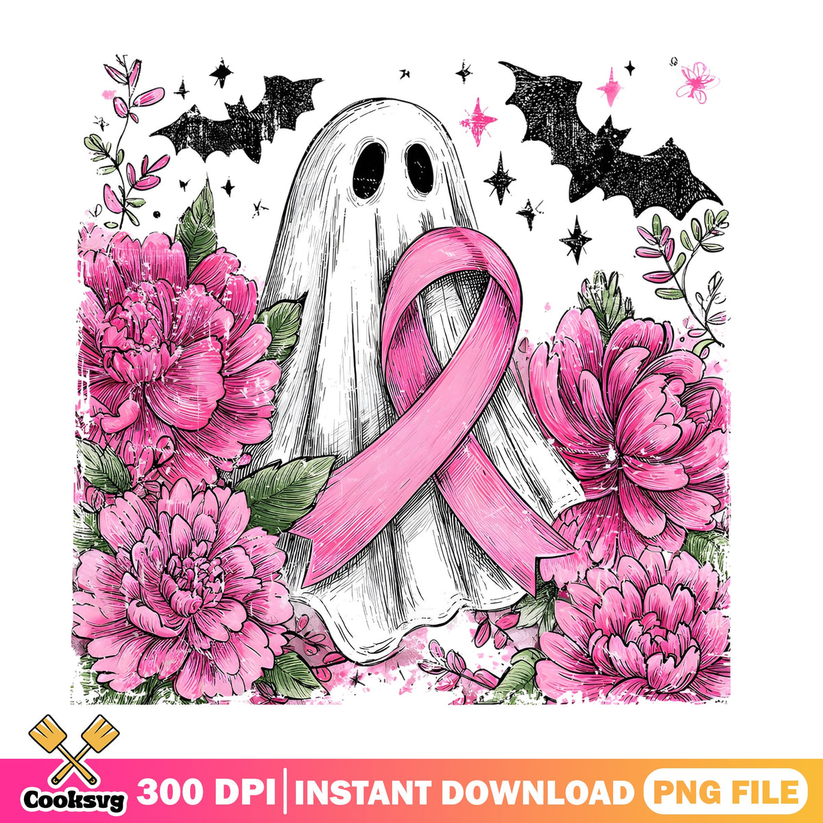 Breast Cancer Ghost Halloween PNG, Pink Ribbon Floral PNG, Halloween PNG