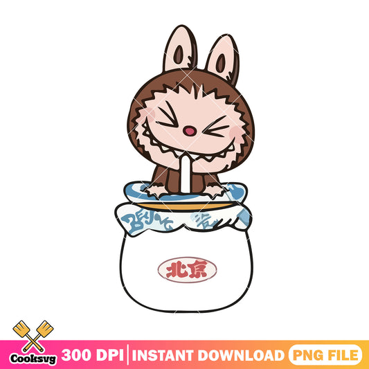 Brown labubu drinking png, labubu happy png, labubu plush png