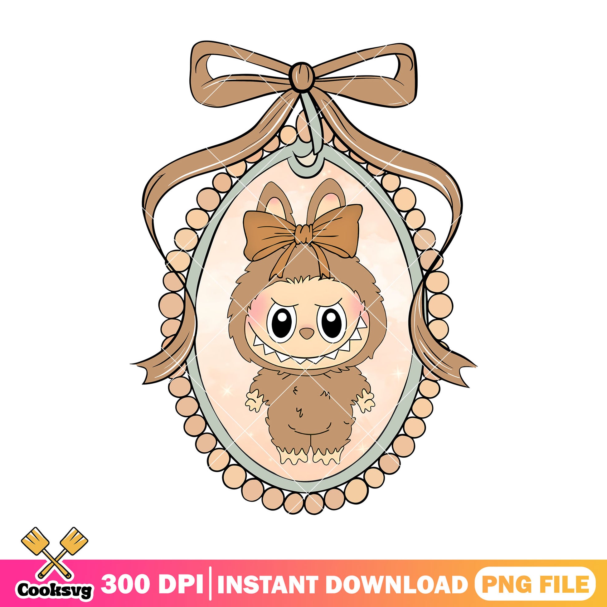 Brown labubu in oval frame png, labubu girl png, labubu hehe png