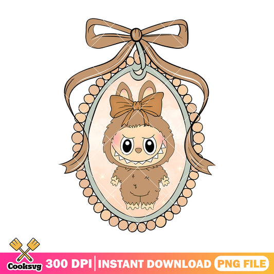 Brown labubu in oval frame png, labubu girl png, labubu hehe png