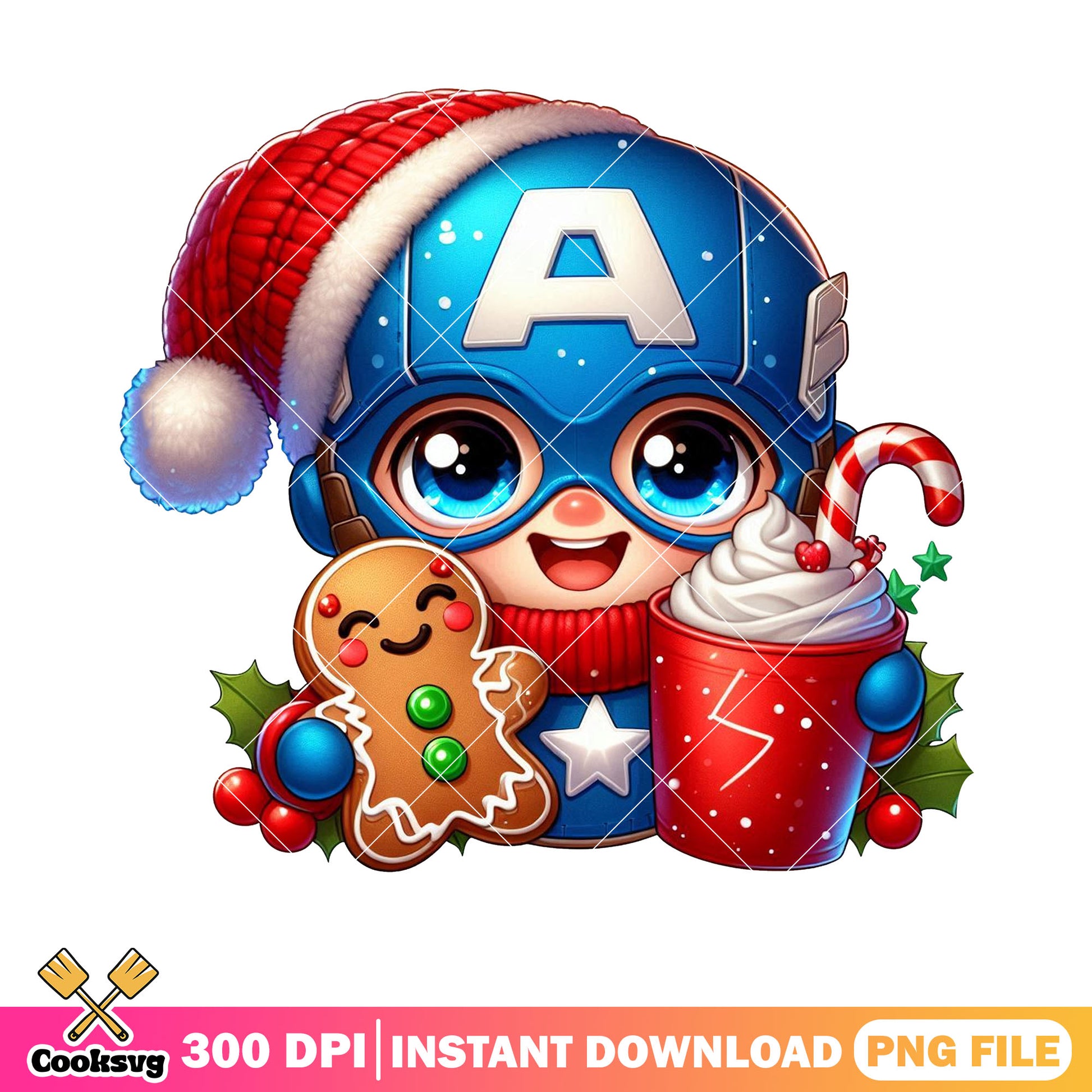 Captain america chibi png, captain america santa hat png, card png