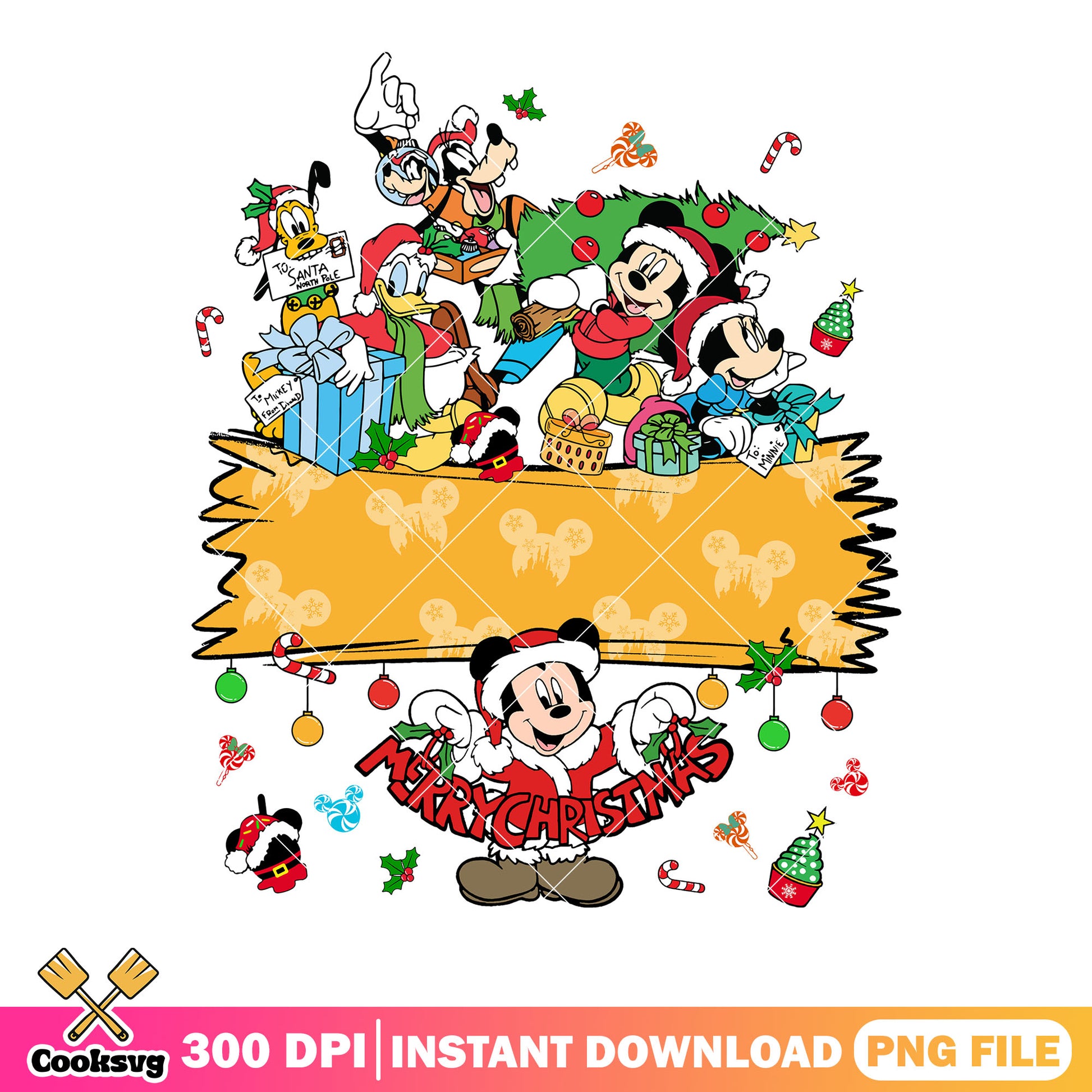 Card christmas Mickey and friends png, christmas gifts png, santa png